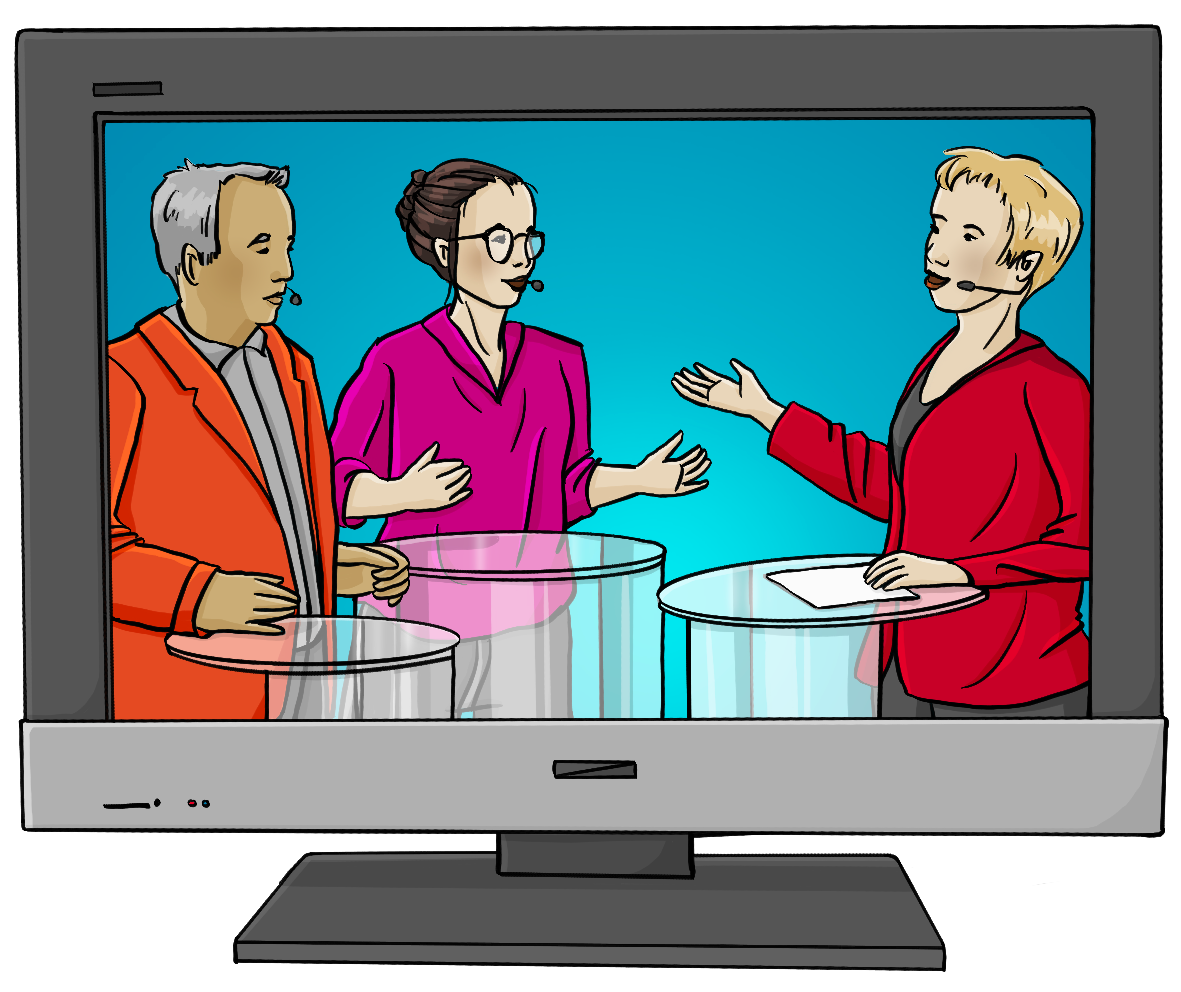 Ein Fernseher. Auf dem Bildschirm stehen zwei Frauen und ein Mann in förmlicher Kleidung an Stehpulten. 
