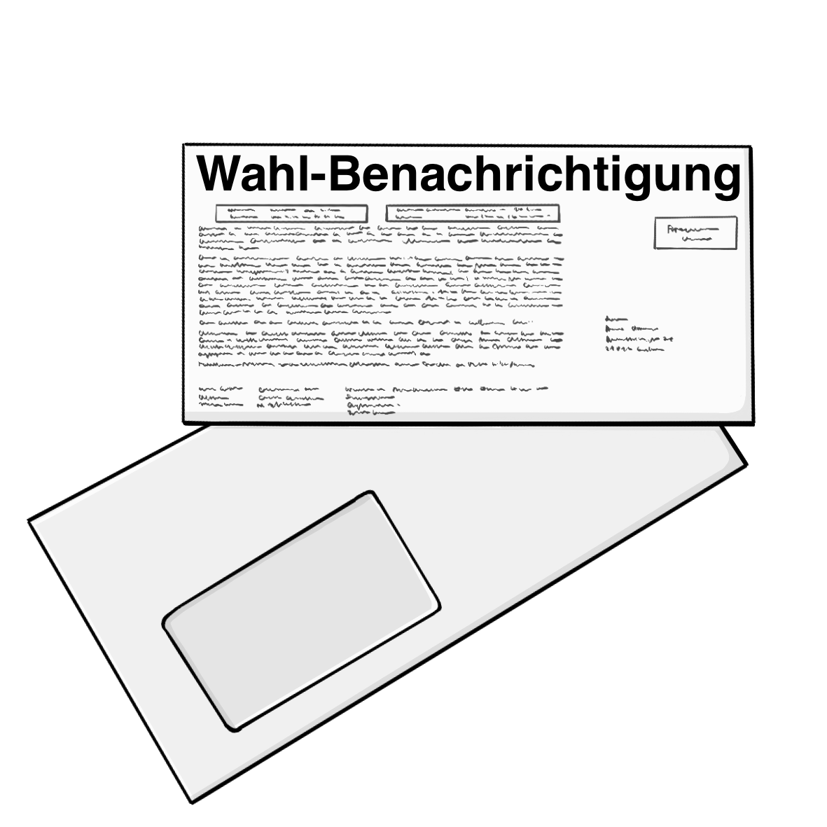 Eine Karte mit der Aufschrift: Wahlbenachrichtigung liegt auf einem Briefumschlag mit Sichtfenster. Das Wort Wahlbenachrichtigung ist mit einem Bindestrich getrennt. 