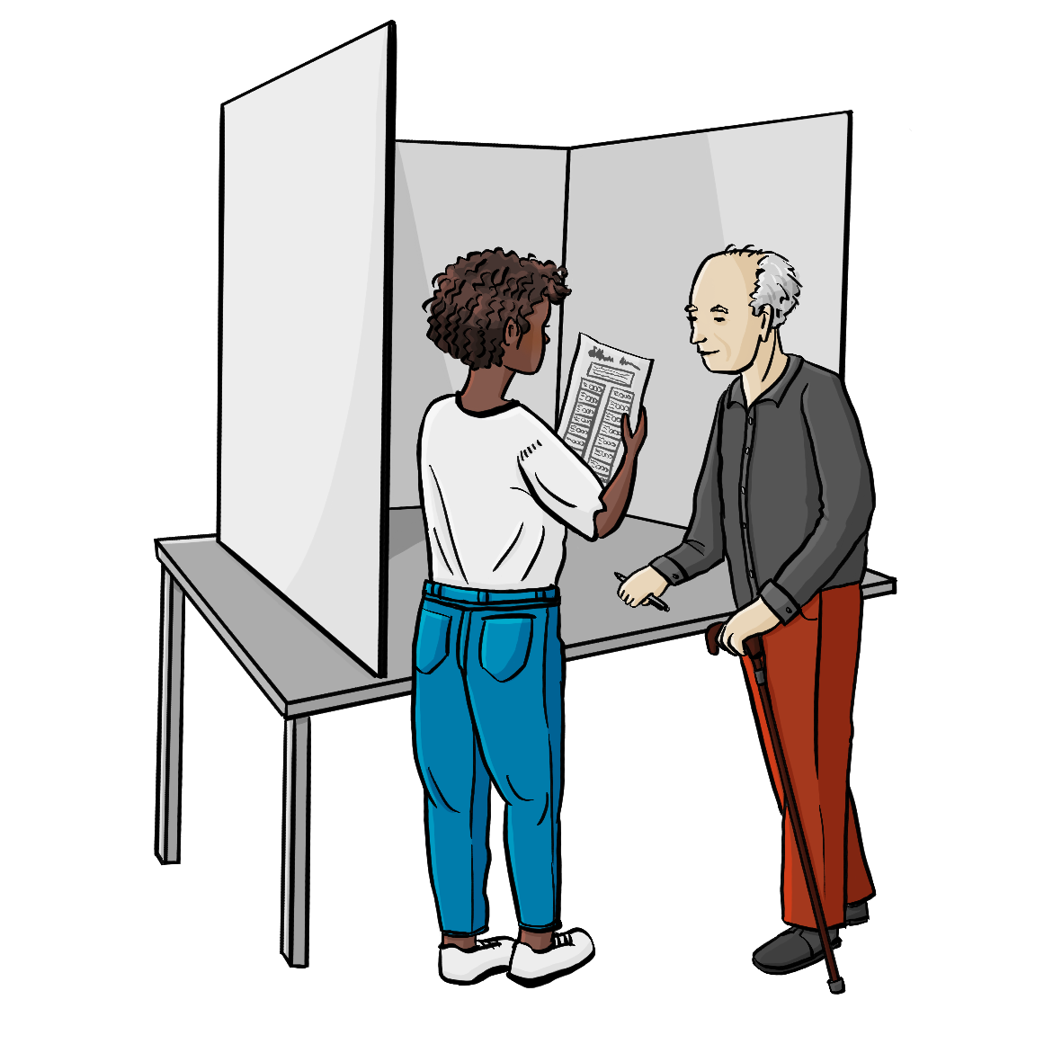 Ein älterer Mann mit Stock und eine Frau stehen hinter einem Sichtschutz. Die Frau hält einen Stimmzettel in der Hand. 