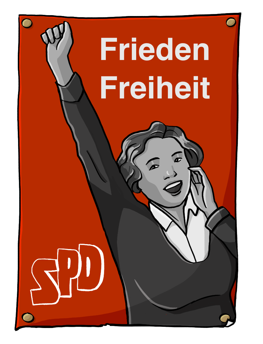 Ein rotes Plakat mit der Aufschrift Frieden, Freiheit, SPD. Auf dem Plakat ist die schwarz-weiß-Zeichnung einer Frau. Sie streckt eine Faust in die Höhe, die andere Hand hat sie an den Mund gelegt. Der Mund ist geöffnet. 