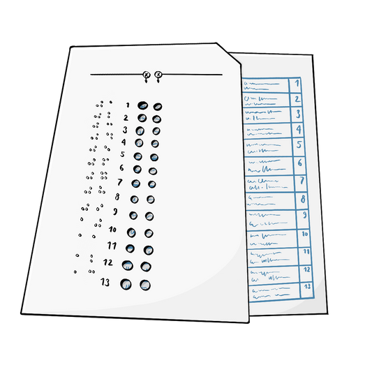 Ein Wahlzettel. Darüber liegt ein gleich großes Papier mit Löchern und Braille-Schrift. Die rechte obere Ecke ist abgeknickt. 