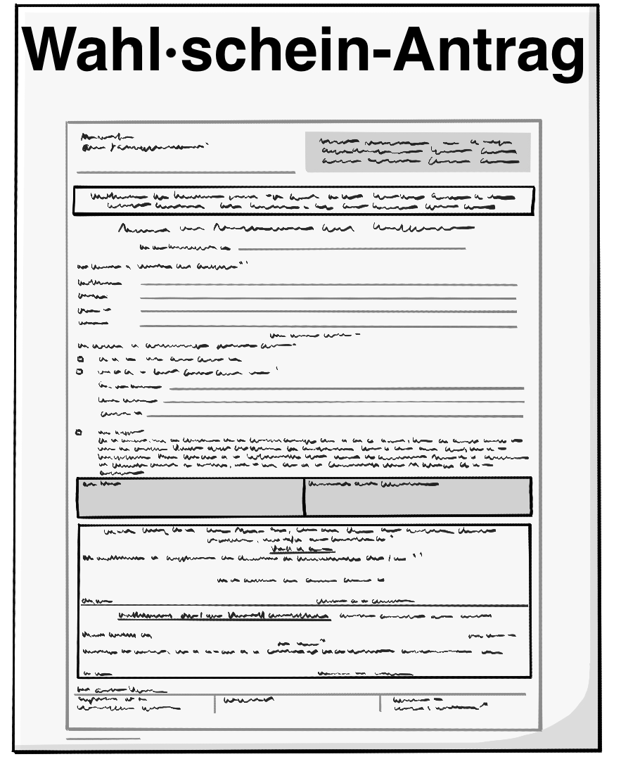 Ein Blatt Papier mit der Aufschrift: Wahlschein-Antrag und nicht lesbarem Text. 