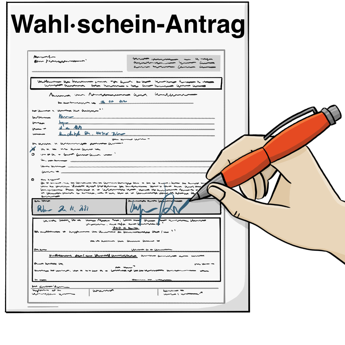 Ein Blatt Papier mit der Aufschrift: Wahl·schein-Antrag und nicht lesbarem Text. Eine Hand unterschreibt das Papier mit einem Kugelschreiber.
