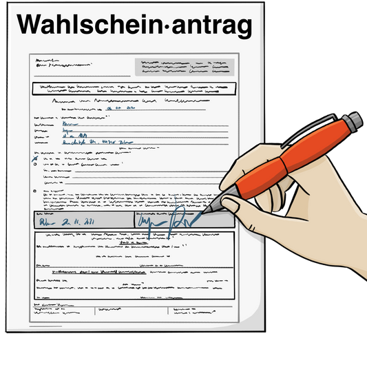 Ein Blatt Papier mit der Aufschrift: Wahl·schein-Antrag und nicht lesbarem Text. Eine Hand unterschreibt das Papier mit einem Kugelschreiber. 