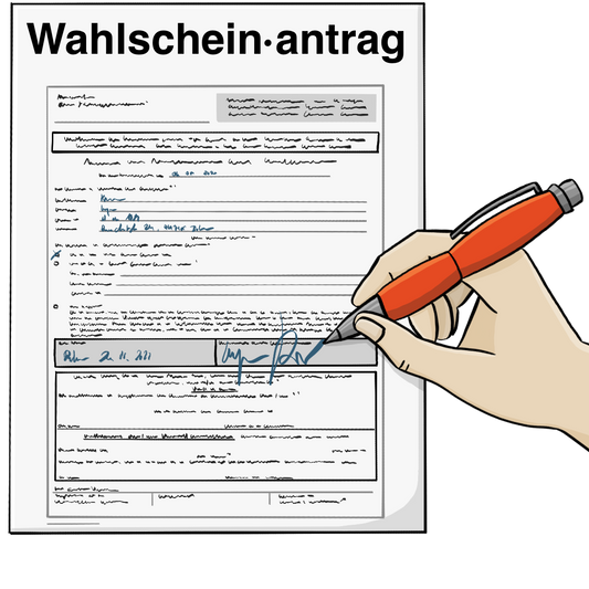 Ein Blatt Papier mit der Aufschrift: Wahl·schein-Antrag und nicht lesbarem Text. Eine Hand unterschreibt das Papier mit einem Kugelschreiber.