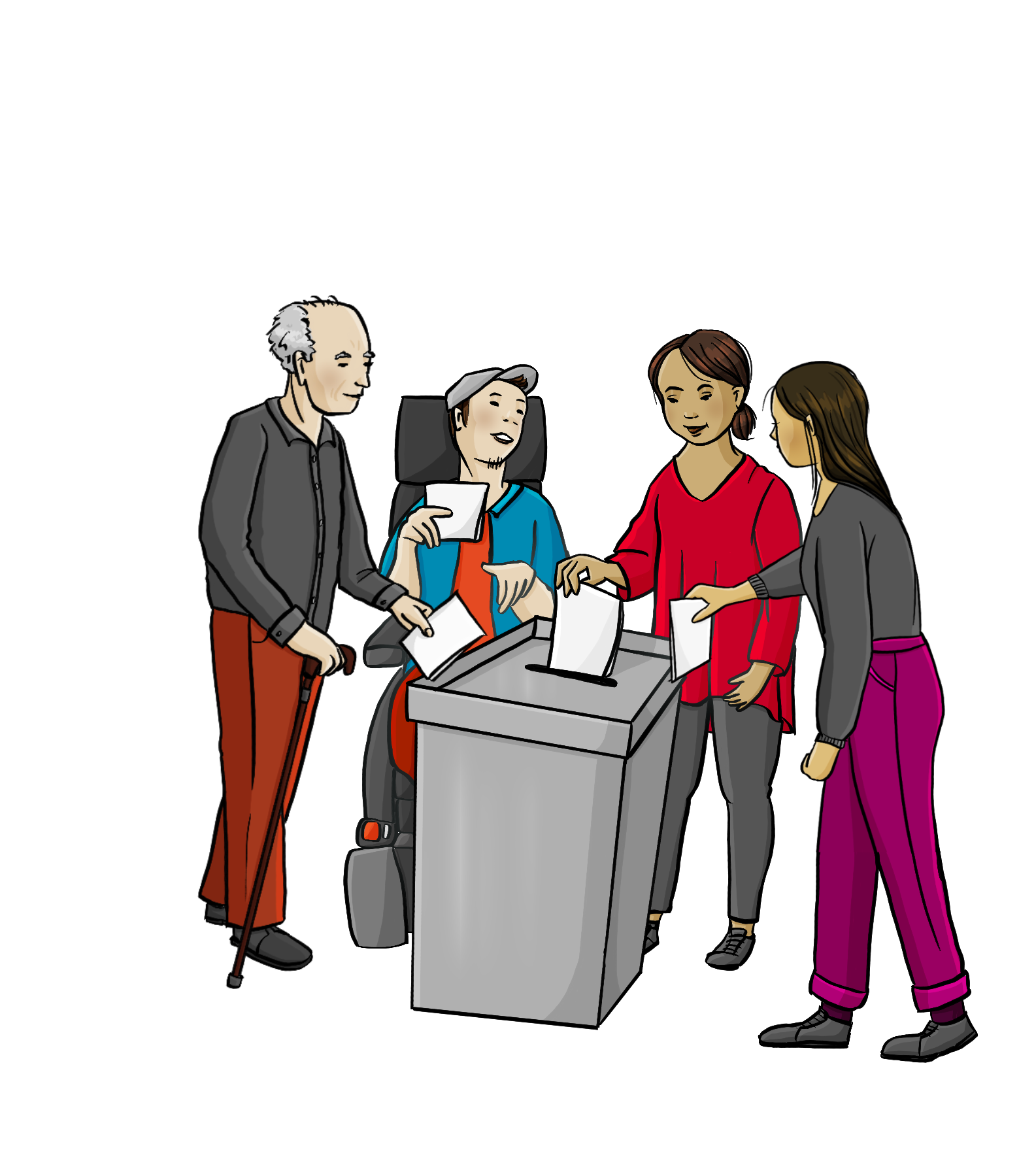 Verschiedene Menschen stehen um eine Wahlurne herum: Ein älterer Mann, ein Mann im Rollstuhl und zwei Frauen. Alle halten einen Stimmzettel in der Hand und halten ihn in Richtung der Wahlurne.