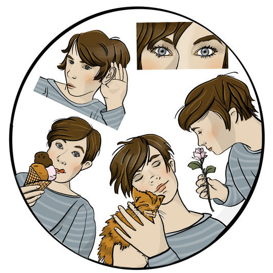 Ein Kreis mit fünf Einzelbildern von jeweils der gleichen Frau: Auf dem ersten Bild sind nur die Augen abgebildet. Auf dem zweiten Bild riecht die Frau an einer Rose. Auf dem dritten Bild kuschelt sie mit einer Katze. Auf dem vierten Bild leckt sie an einem Eis und auf dem fünften Bild hält sie eine Hand hinters Ohr.