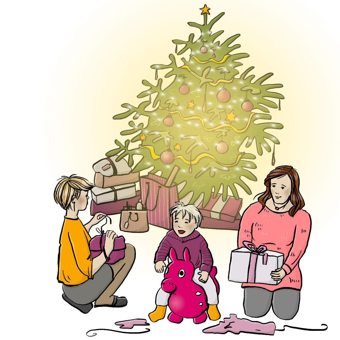 Ein Weihnachtsbaum, davor sitzen zwei Frauen mit Geschenken und ein Kind auf einem Gummipferd. 