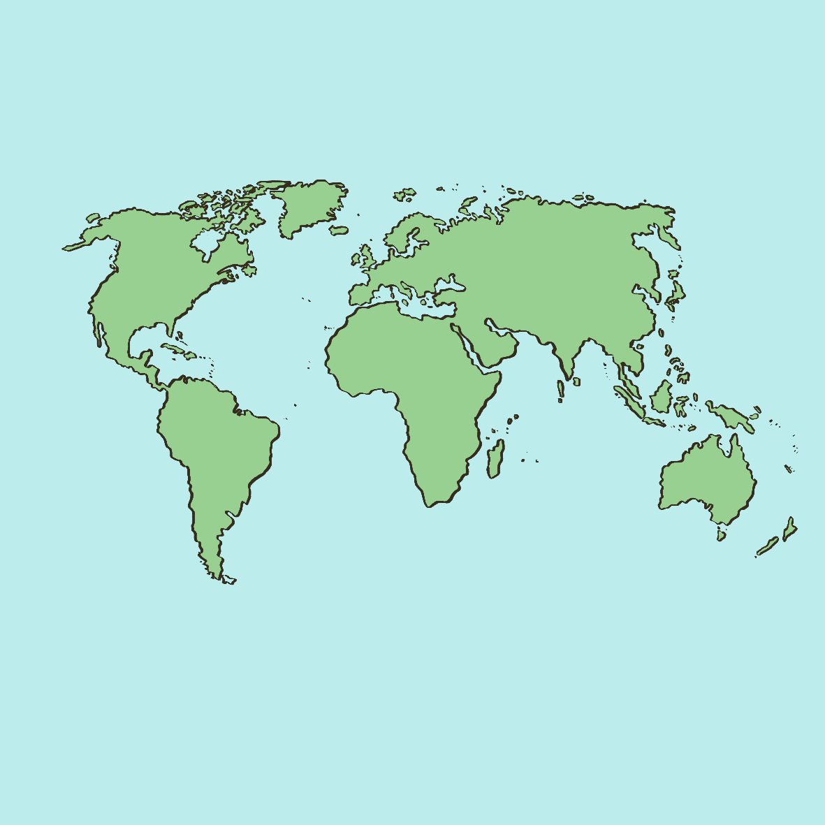 Eine blaue Karte mit den Umrissen der Kontinente. Die Kontinente sind grün eingefärbt. 
