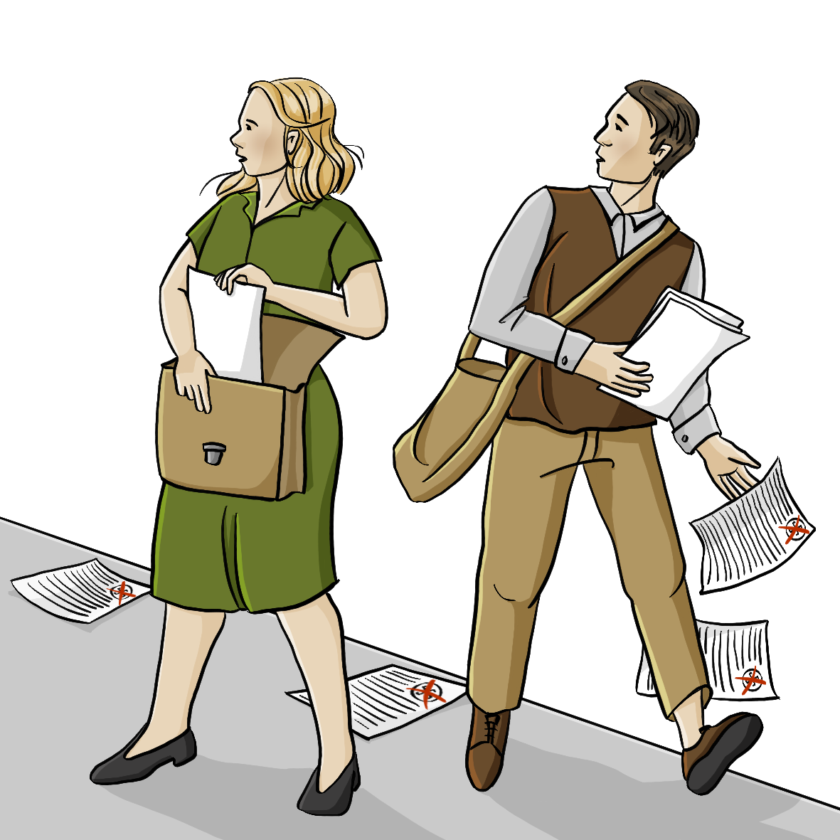 Ein Mann und eine Frau mit Kleidung im Stil der 30er Jahre. Sie holen Zettel aus Umhängetaschen und lassen sie auf den Weg fallen. Sie schauen sich ängstlich um. 