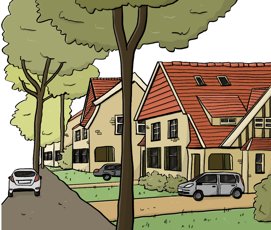 Eine Straße mit Wohnhäusern, Bäumen und Autos. 