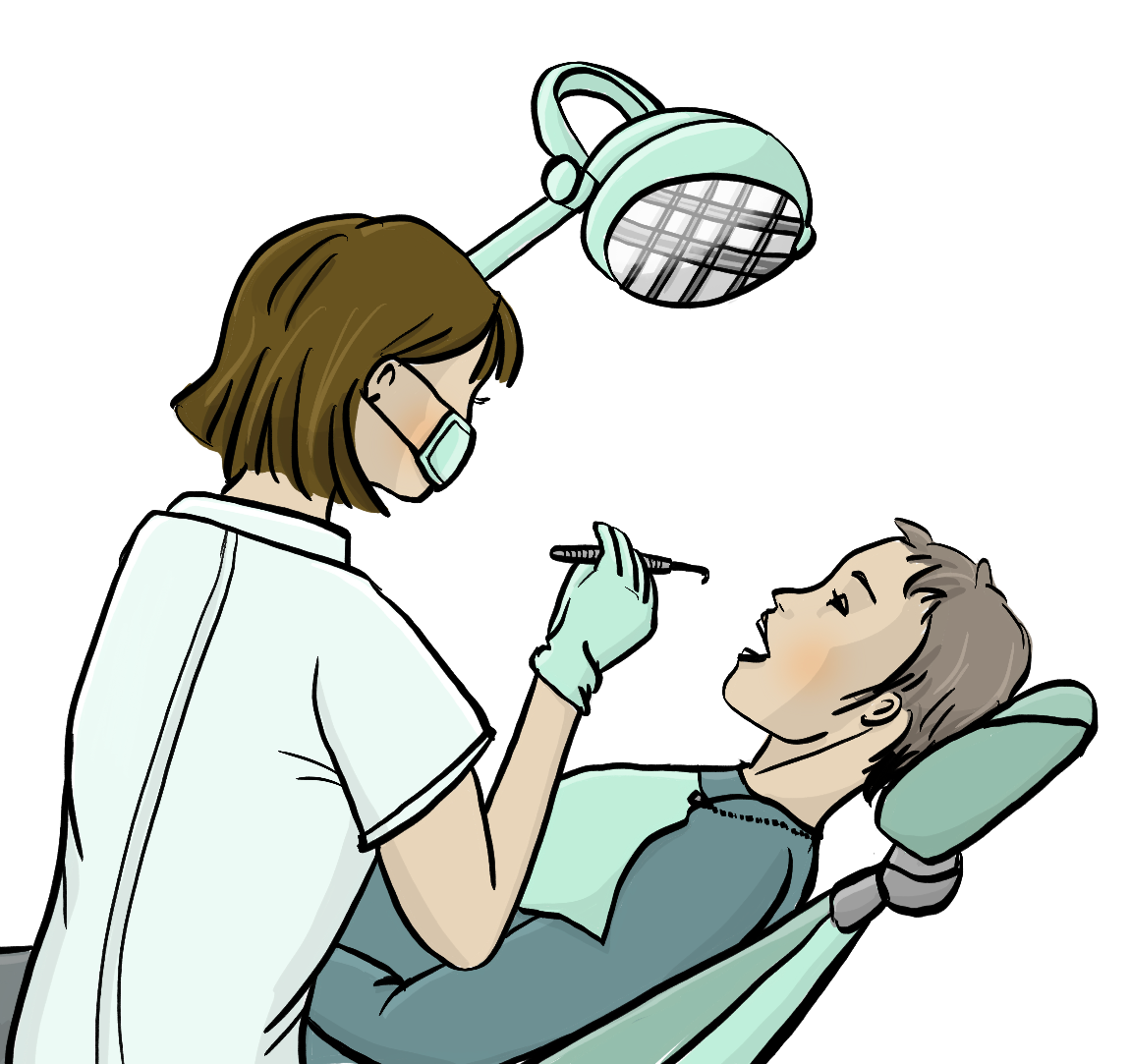 Ein Mann liegt auf einem Behandlungsstuhl und hat den Mund weit geöffnet. Neben ihm steht eine Frau mit weißem T-Shirt und Mundschutz. Sie hält eine Zahnsonde in der Hand. Über dem Stuhl ist eine große Lampe. 