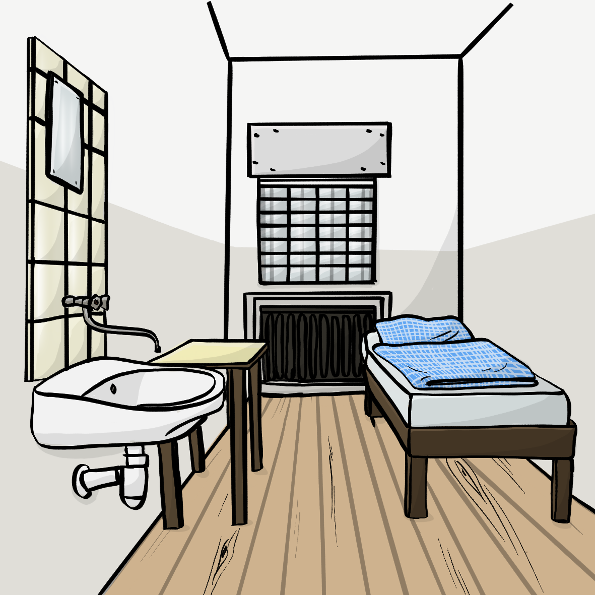 Ein kleiner Raum mit einem Bett, einem Tisch, einem Waschbecken und einem vergitterten Fenster. 