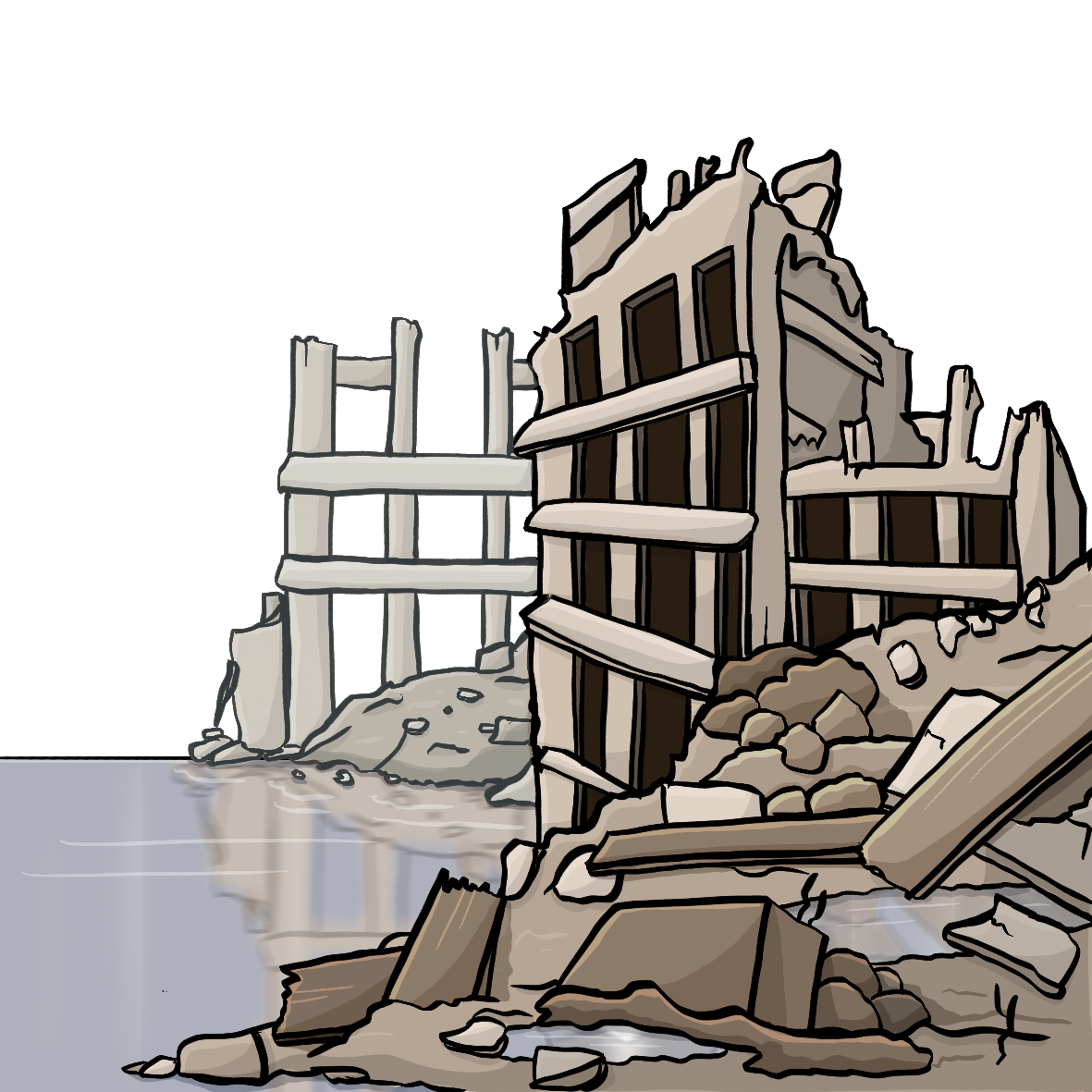 Zerstörte Gebäude und ein Schutthaufen ragen aus eine Wasserfläche heraus.