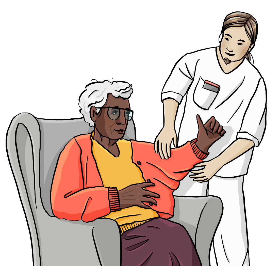 Eine alte Frau sitzt in einem Sessel. Sie hat einen Arm angehoben. Neben ihr steht ein weiß gekleideter junger Mann. Seine Hände halten den Jackenärmel der Frau. 