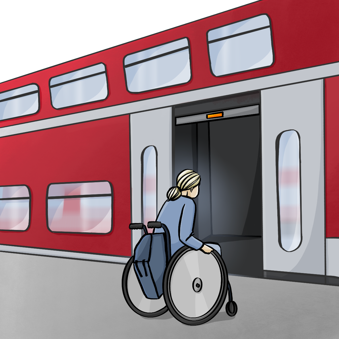 Eine Frau im Rollstuhl vor einer ebenerdigen Zugtür. 