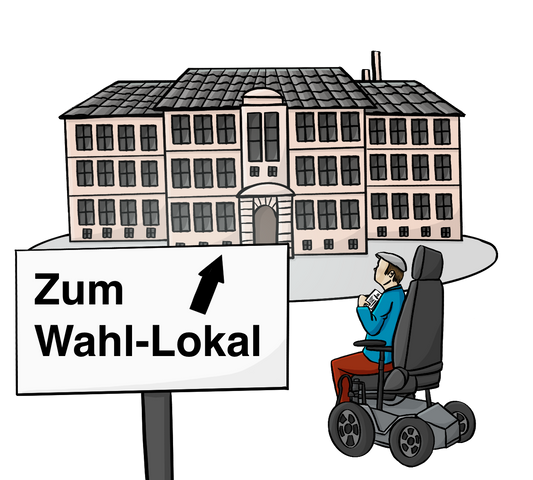 Ein Mann im Elektrorollstuhl vor einem großen Gebäude. Vor dem Gebäude steht eine Schild mit einem Pfeil und der Aufschrift: Zum Wahl-Lokal.