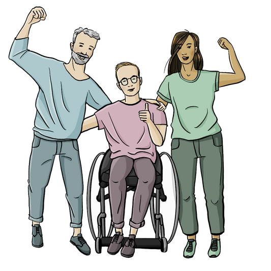 Zwei Männer und eine Frau haben die Arme umeinander gelegt. Der Mann in der Mitte sitzt im Rollstuhl und zeigt einen erhobenen Daumen. Der andere Mann und die Frau haben den äußeren Arm angewinkelt erhoben und machen eine Faust.