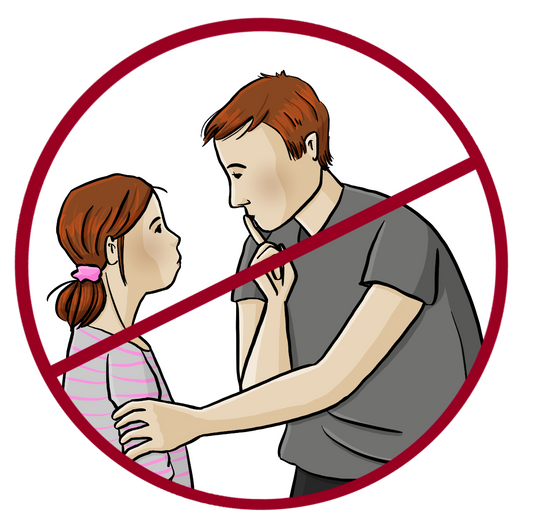 Ein Mann steht vor einem Mädchen. Er hält ihren Arm fest und hat den Finger auf die Lippen gelegt. Das Bild ist durchgestrichen.