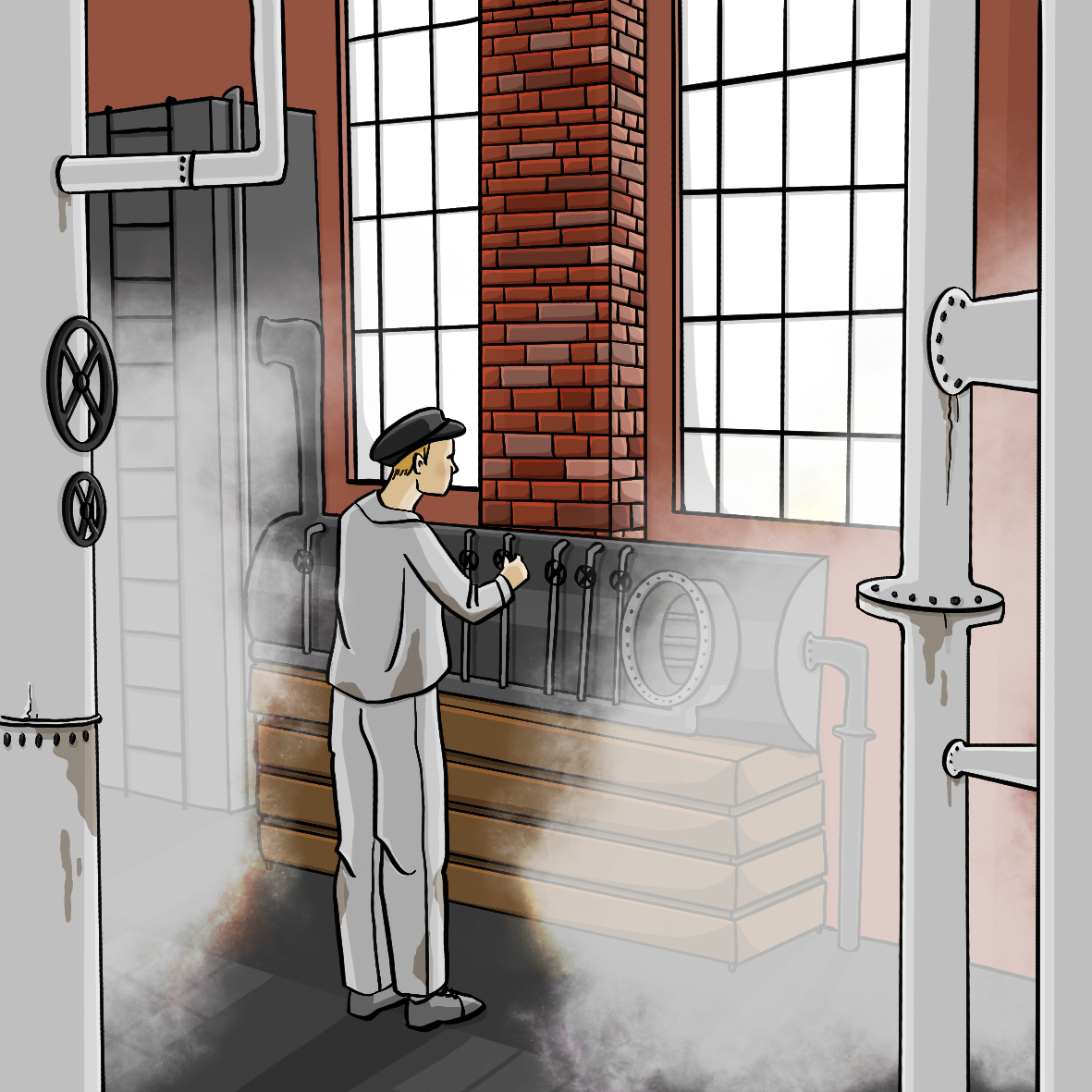 Ein Mann in Arbeitskleidung steht in einer Halle mit hohen Fenstern, Backsteinmauern und vielen Rohren und Ventilen. 