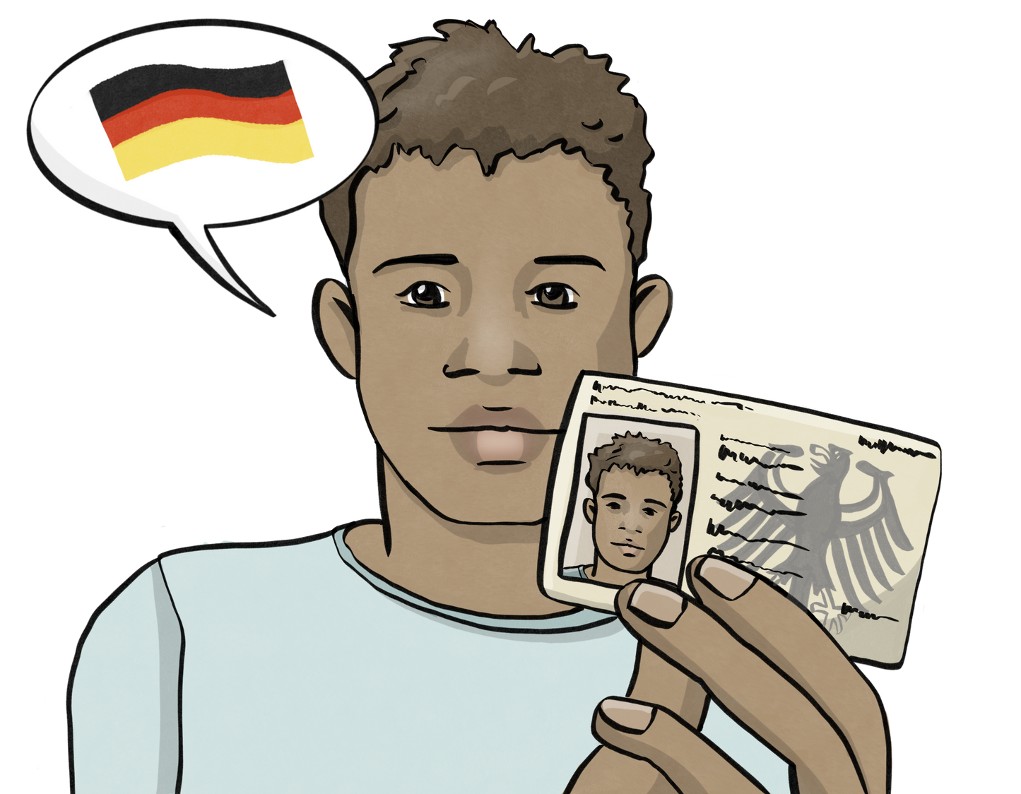 Ein schwarzer Mann. Er hält einen deutschen Personal-Ausweis in der Hand. Neben dem Gesicht ist eine Sprechblase mit der deutschen Flagge. 
