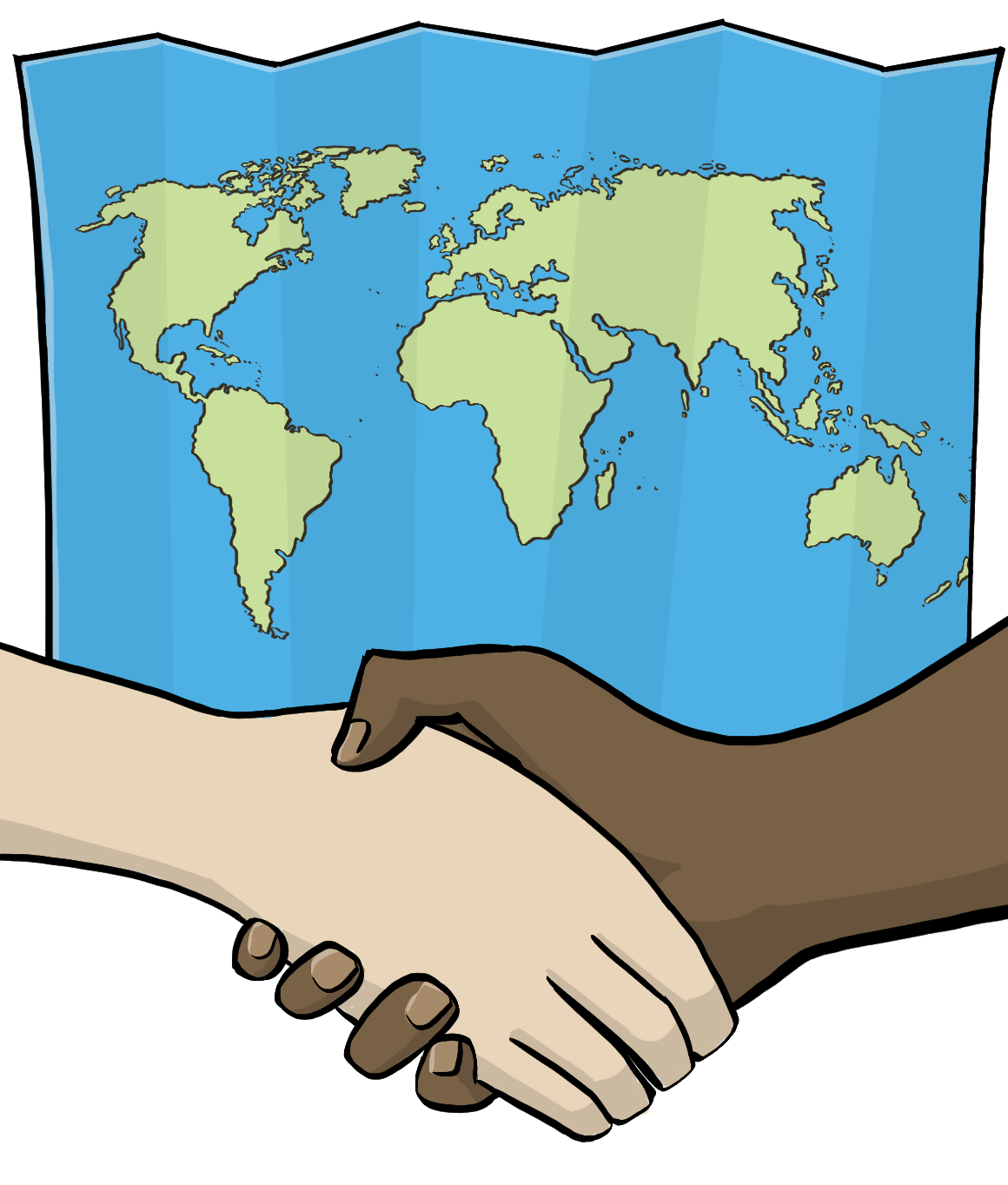 Zwei Hände mit verschiedenen Hautfarben umfassen sich. Im Hintergrund ist ein Weltkarte. 