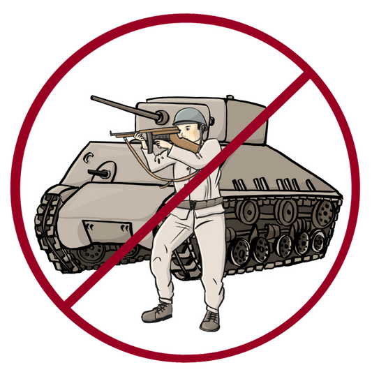 Ein Soldat mit Gewehr steht vor einem Panzer. Das Bild ist durchgestrichen.