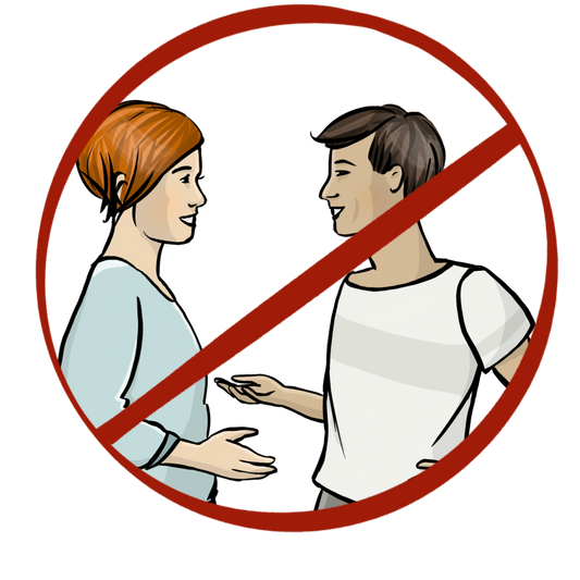 Eine Frau und ein Mann reden miteinander. Das Bild ist durchgestrichen.