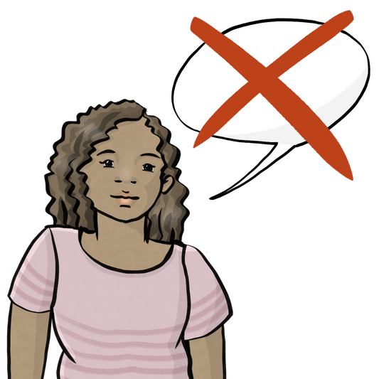 Eine Frau mit einer Sprechblase. Die Sprechblase ist durchgestrichen.