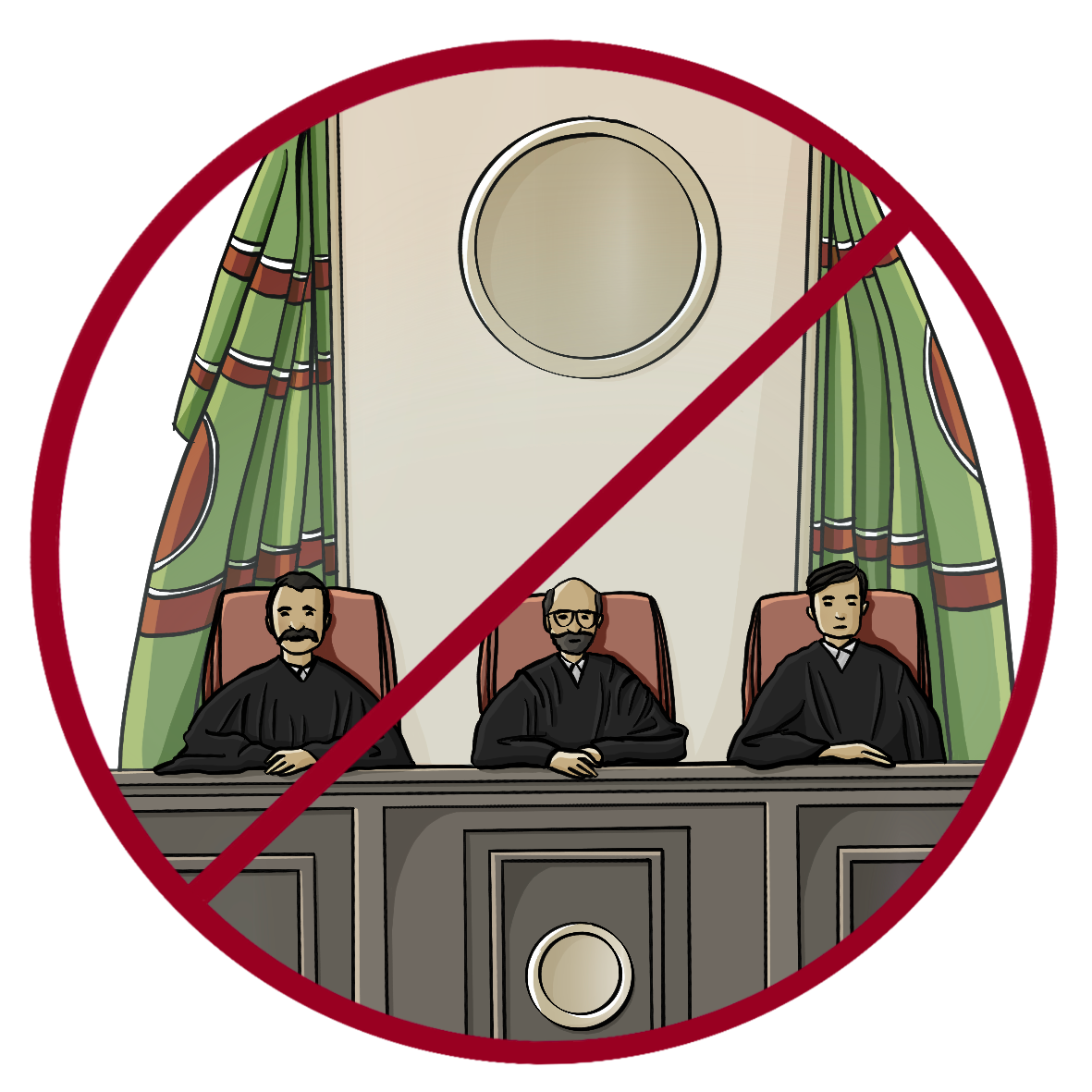 Drei Männer in schwarzen Roben sitzen an einem hohen Holztisch. Hinter Ihnen sind fiktive Flaggen in grün und rot. Das Bild ist durchgestrichen.