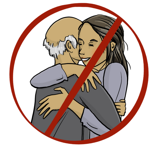 Eine Frau umarmt einen älteren Mann. Das Bild ist durchgestrichen.