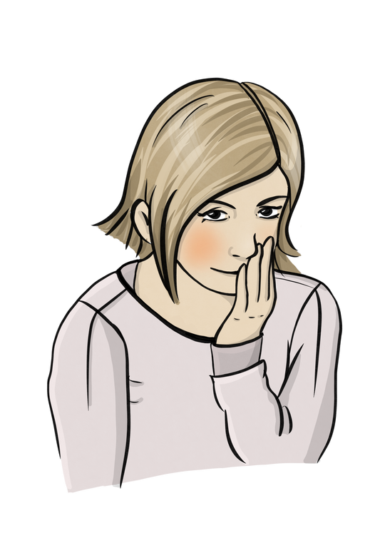 Eine Frau hält den Kopf gesenkt und bedeckt den Mund mit der Hand. Ihre Wangen sind gerötet.