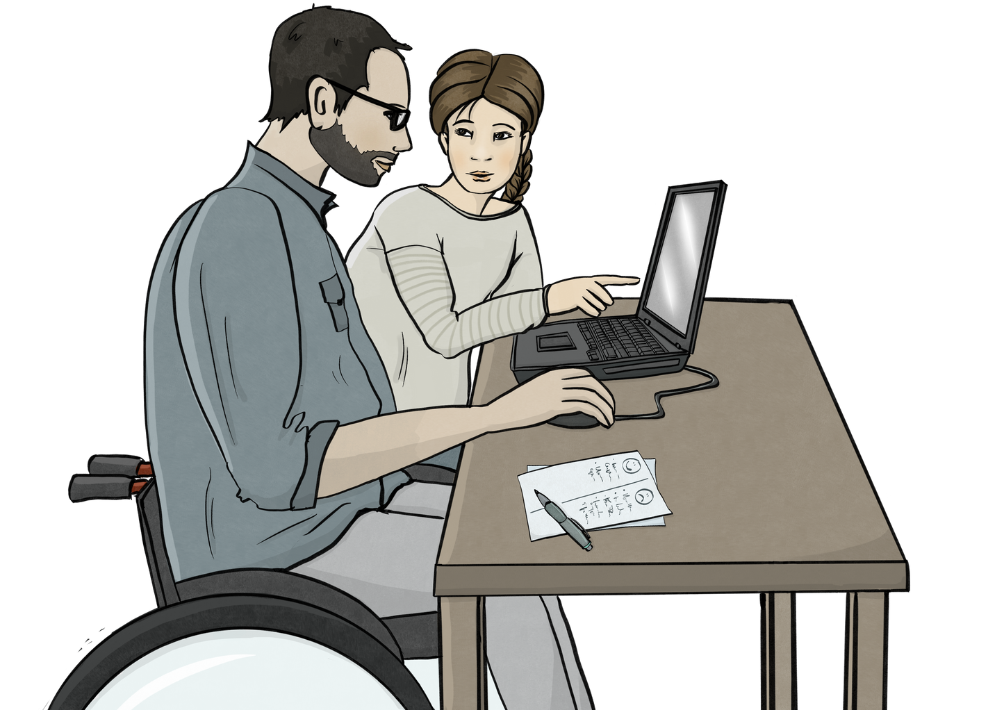 Ein Mann im Rollstuhl und eine Frau sitzen an einem Tisch. Auf dem Tisch sind ein Laptop und ein Zettel mit Stift. Die Frau zeigt auf den Bildschirm.