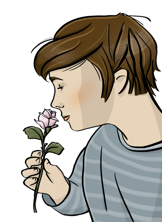 Eine Frau hält eine Rose vor ihre Nase. Sie hat die Augen geschlossen.