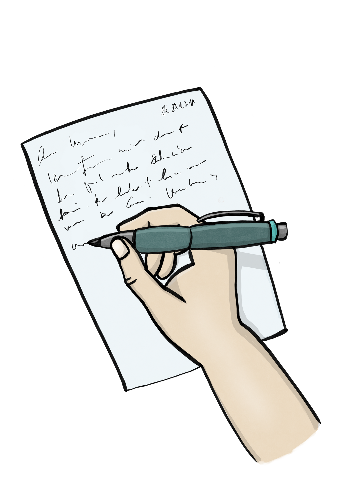 Eine Hand schreibt mit einem Kugelschreiber etwas auf ein Blatt Papier.