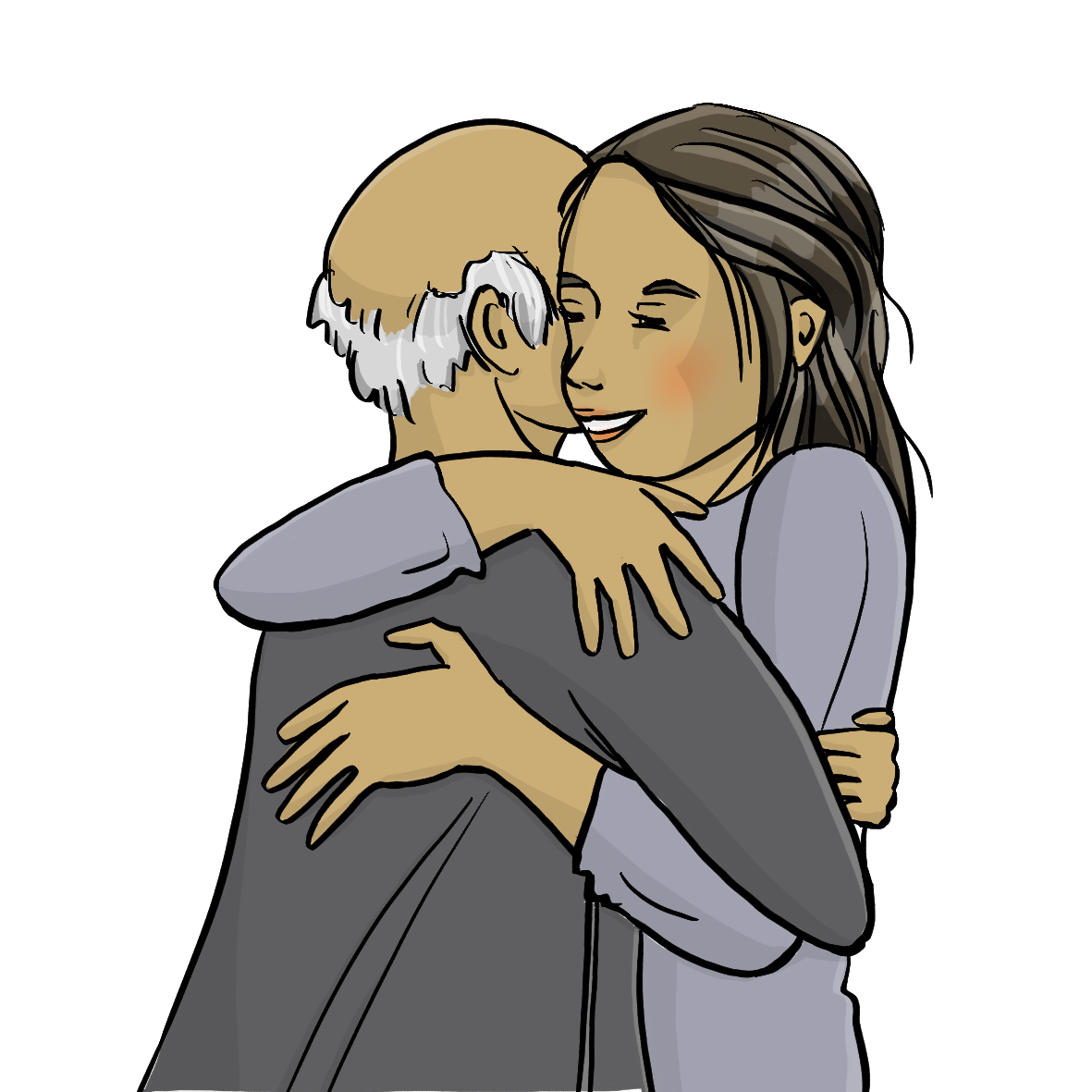 Eine Frau und ein älterer Mann umarmen sich.