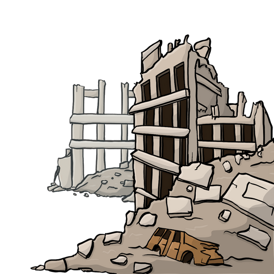 Zerstörte Gebäude. Davor ist ein Haufen Schutt.